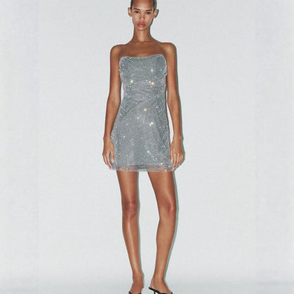 Damen Cocktailkleid Schulterfrei Glitzernd Pailletten
