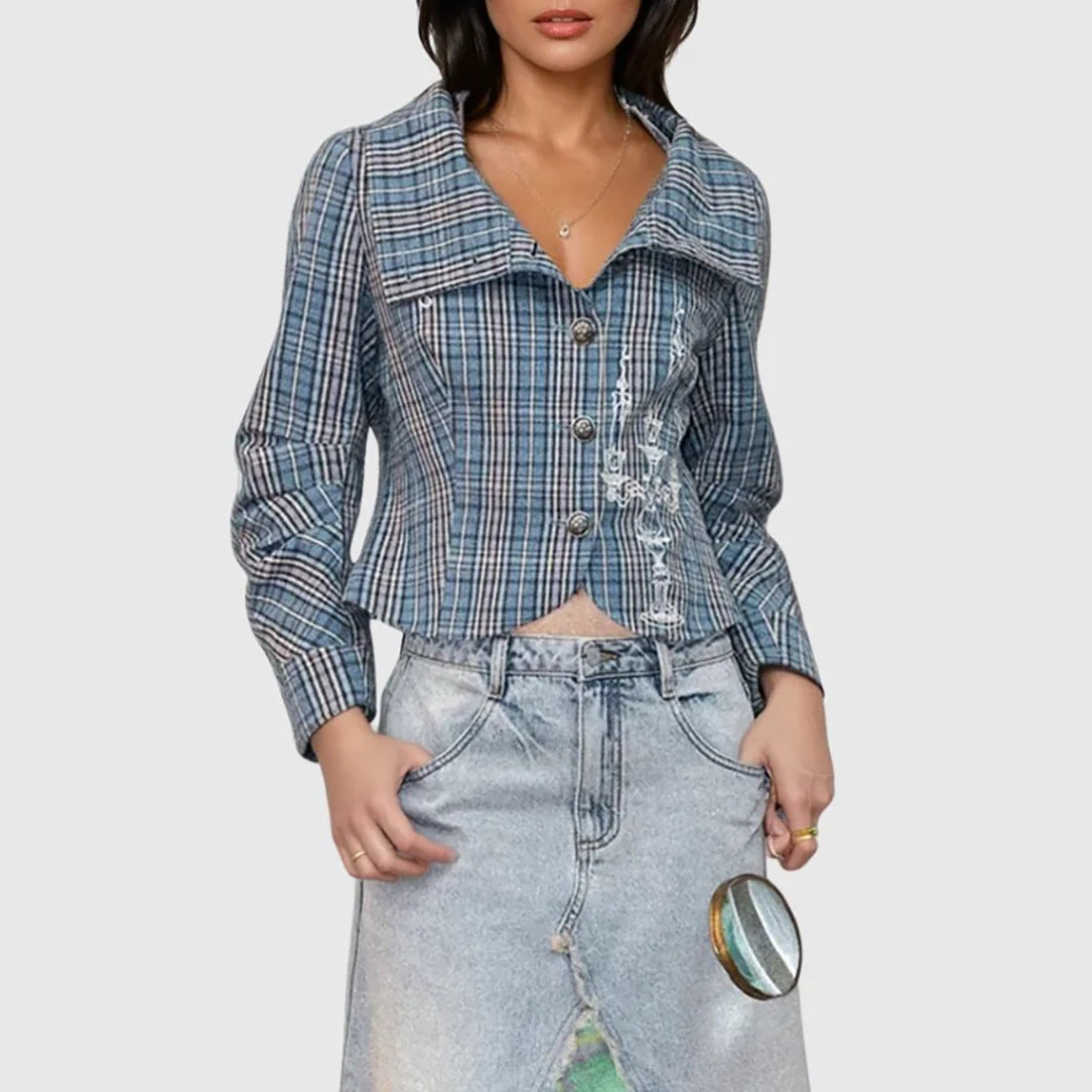 Damen Kurzjacke Kariert Knöpfe Norvielle