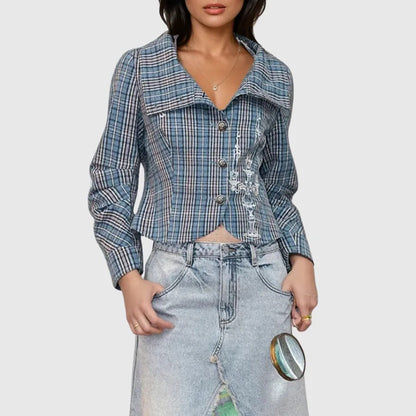 Damen Kurzjacke Kariert Knöpfe Norvielle