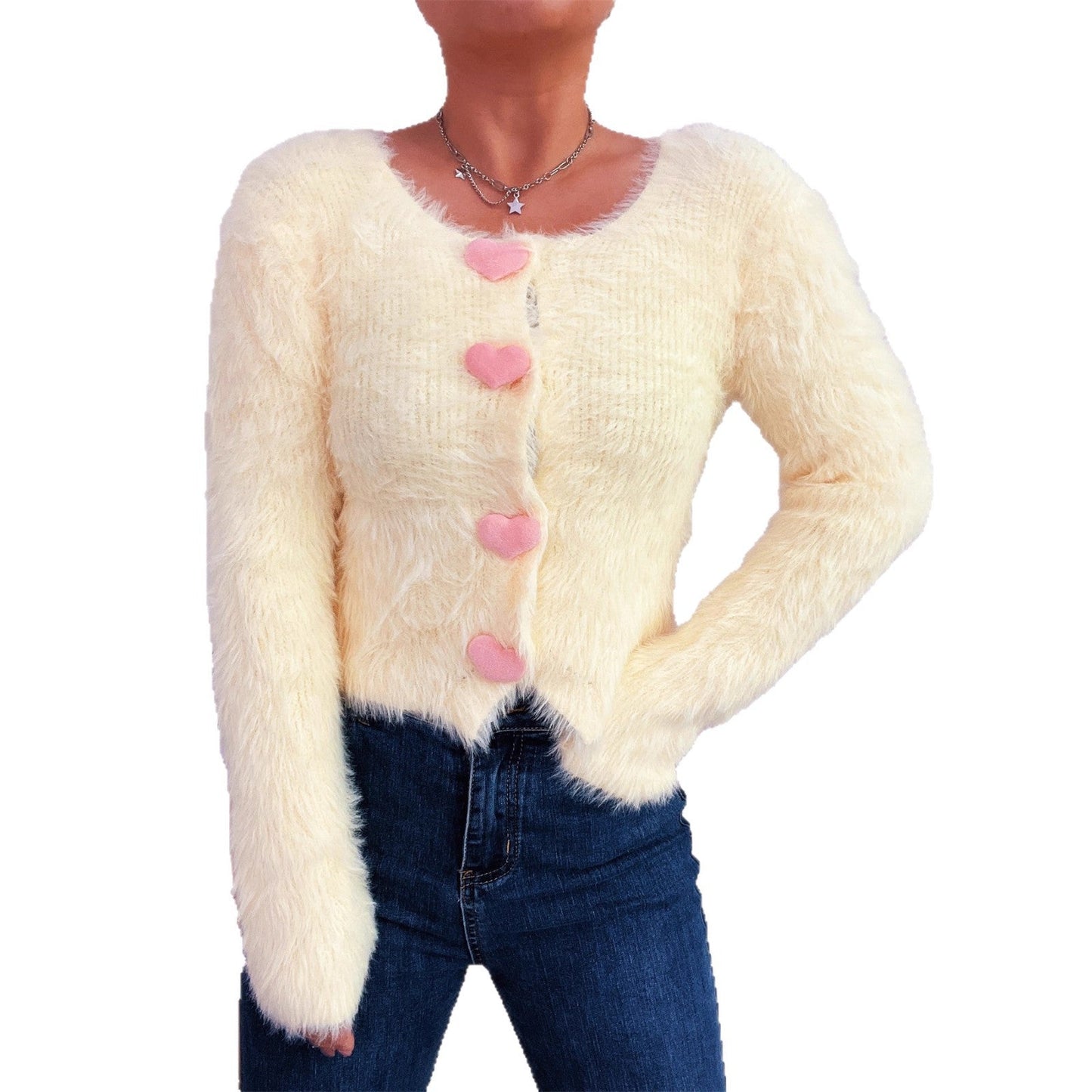 Damen Flauschcardigan Herzknöpfe Norvielle