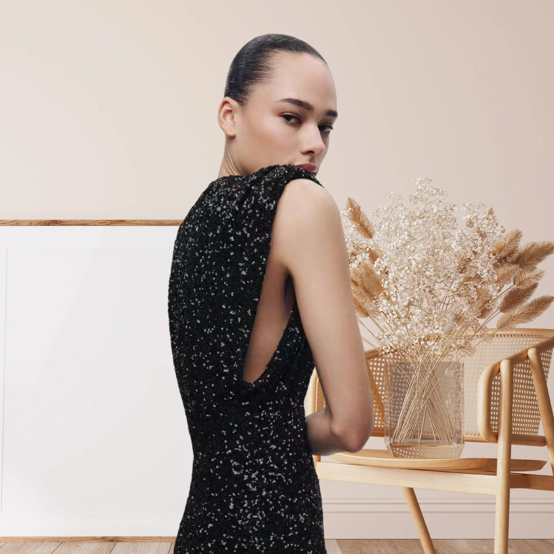 Damen Cocktailkleid Pailletten Hochgeschlossener Stehkragen Norvielle
