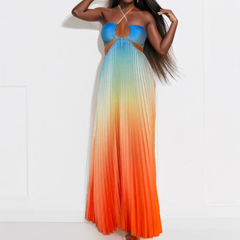 Damen Maxikleid Plissee Ausschnitt Cut-Out Norvielle
