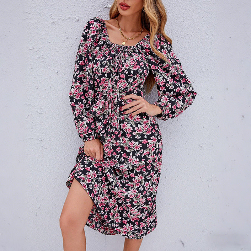 Damen Midikleid mit Puffärmeln Floralmuster
