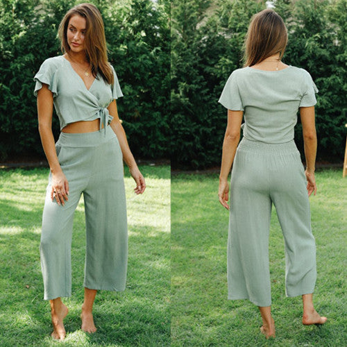 Damen Zweiteiliges Set Geknotetes Oberteil Weite Hose Norvielle - Norvielle