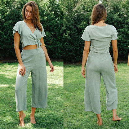 Damen Zweiteiliges Set Geknotetes Oberteil Weite Hose Norvielle - Norvielle