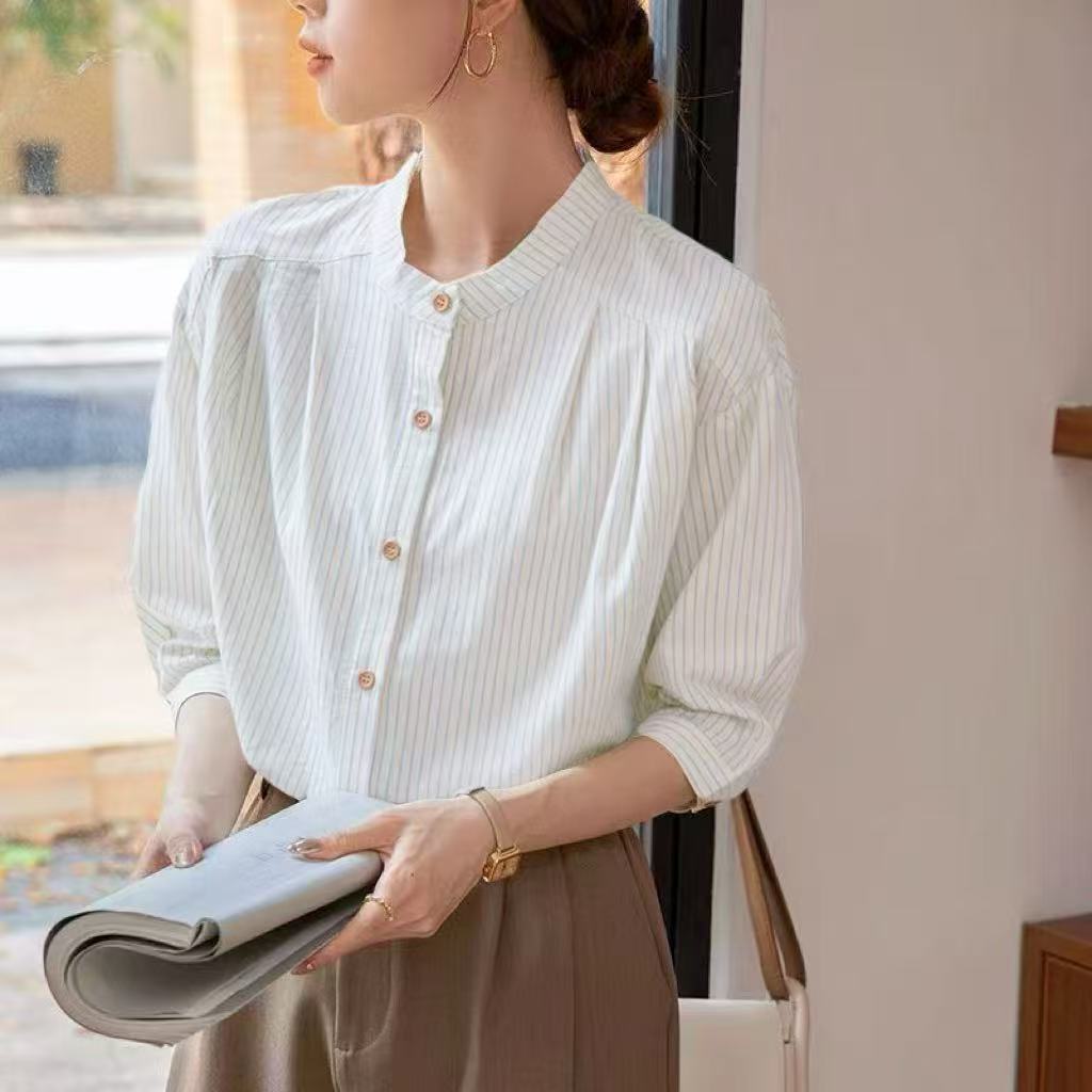 Damen Bluse Gestreift Stehkragen Elegante Bluse