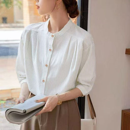 Damen Bluse Gestreift Stehkragen Elegante Bluse