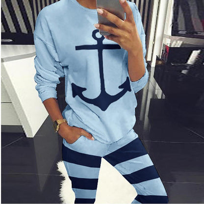 Damen Freizeitset Maritimes Anker-Design Gestreifte Hose
