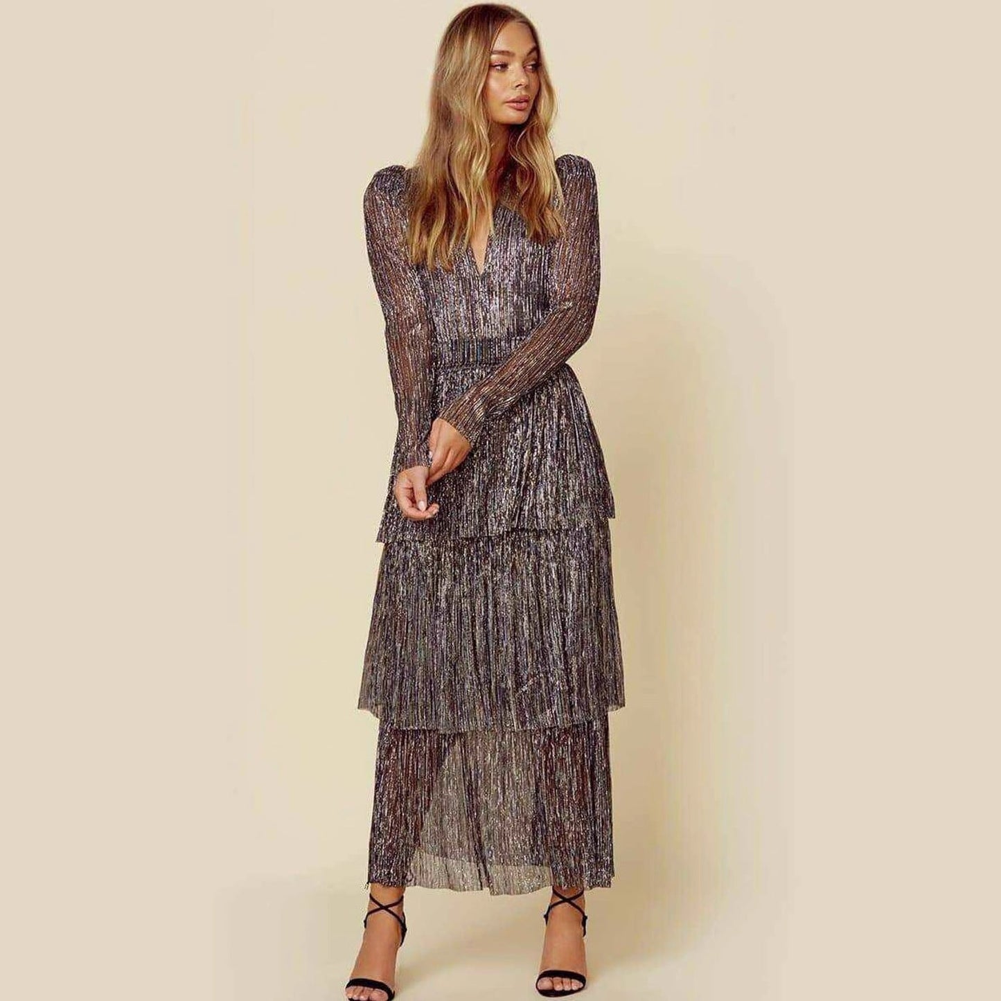 Damen Abendkleid Plissiert Schimmernd Länge Langärmelig