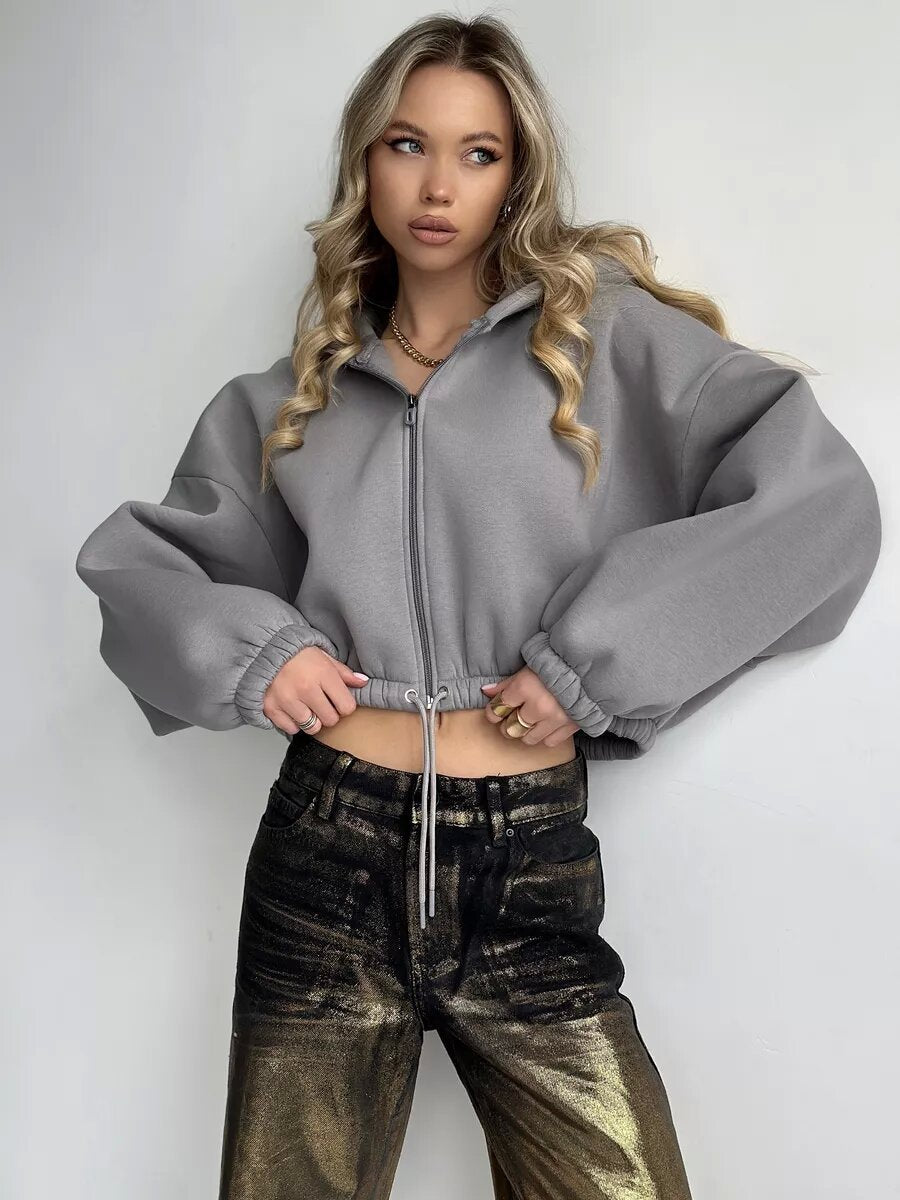 Damen Cropped Hoodie Weitem Schnitt Mit Kordelzug