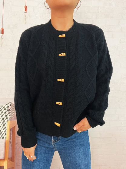 Damen Strickcardigan Weich Nautisches Zopfmuster Holzknöpfe Beige