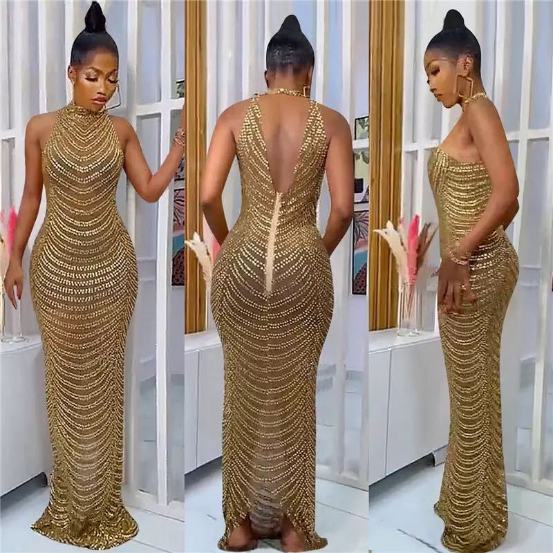 Damen Maxikleid Pailletten Figurbetont