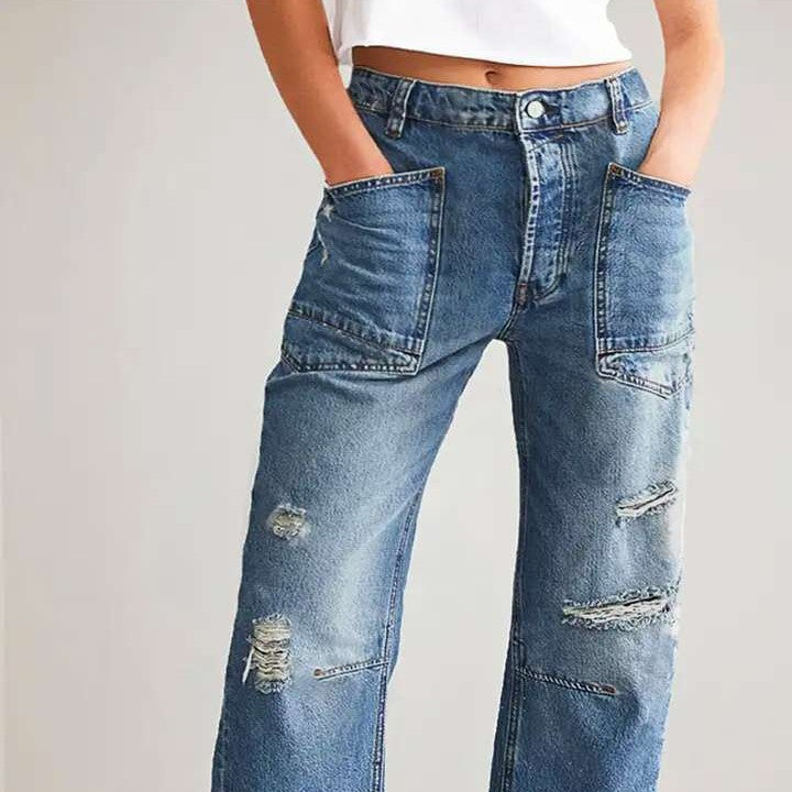 Damen Baggy Jeans Destroyed Vintage Look Cargo Taschen