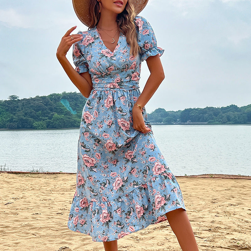 Damen Midikleid Floralmuster Rüschendetails Taillierung Norvielle