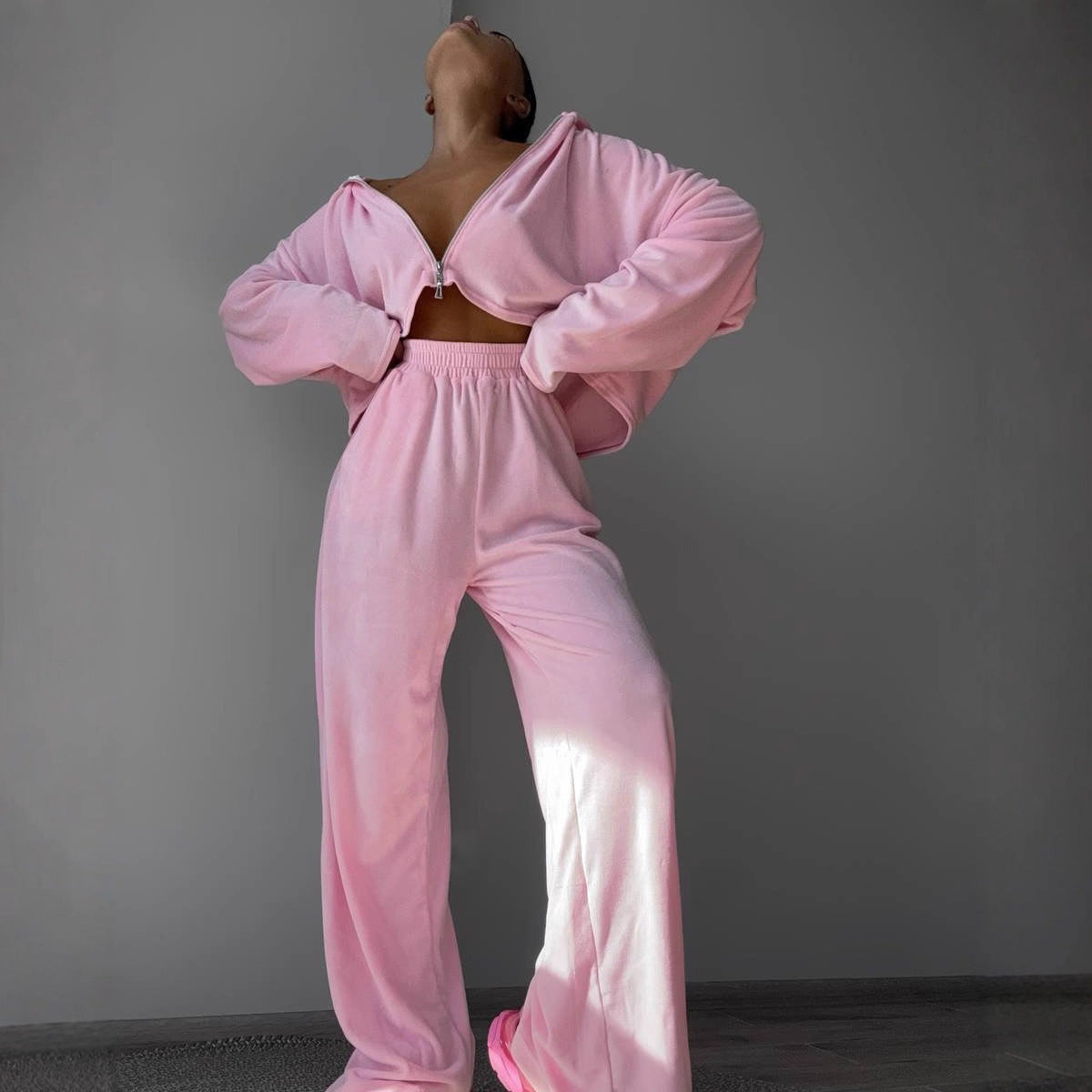 Damen Fleece-Set Hochgeschlossener Reißverschluss Weite Beine