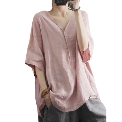 Damen Leinen-T-Shirt Oversized V-Ausschnitt Lässig Beige