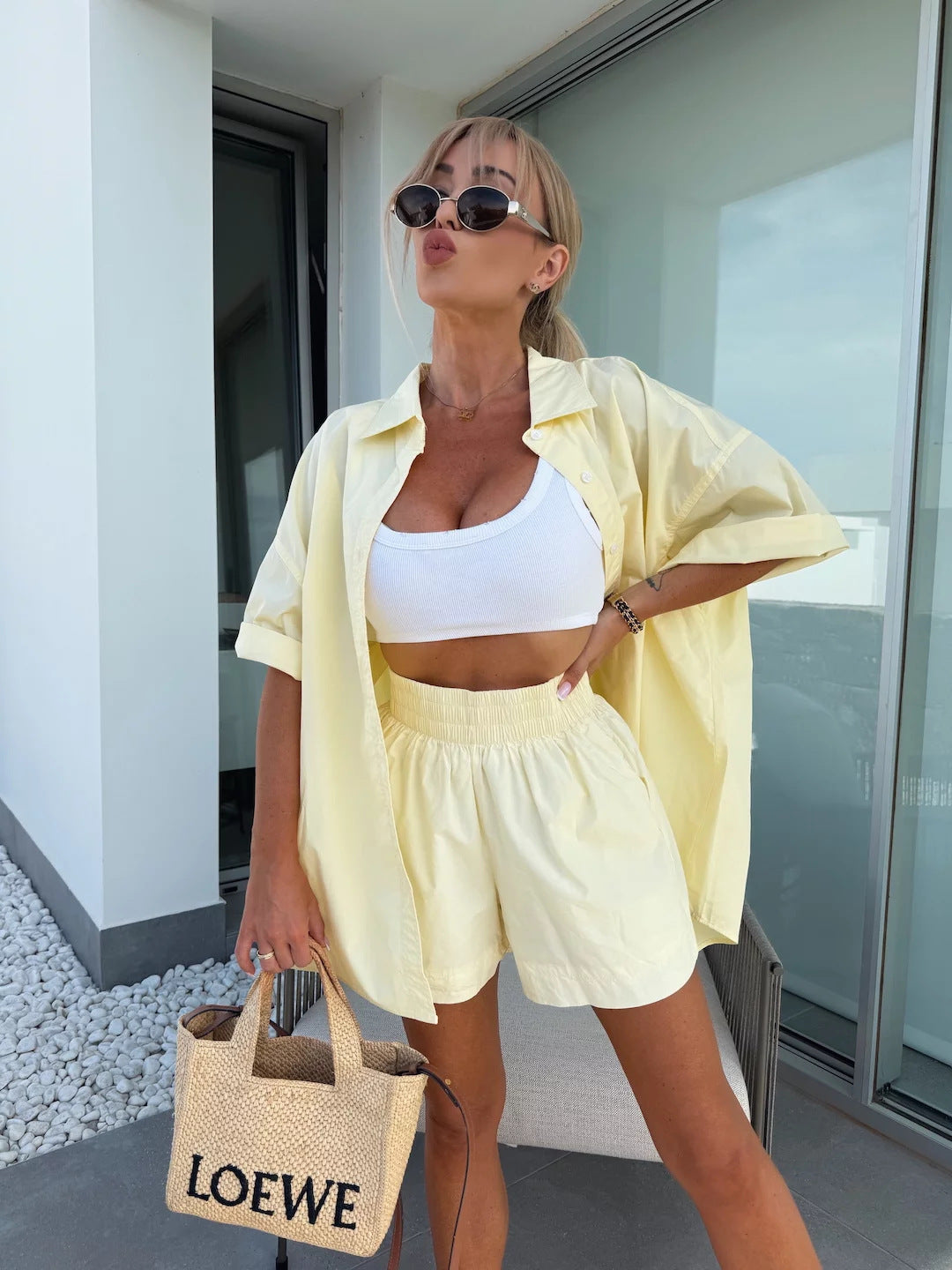 Damen Kurzarm-Bluse und Shorts Set Tragekomfort Norvielle