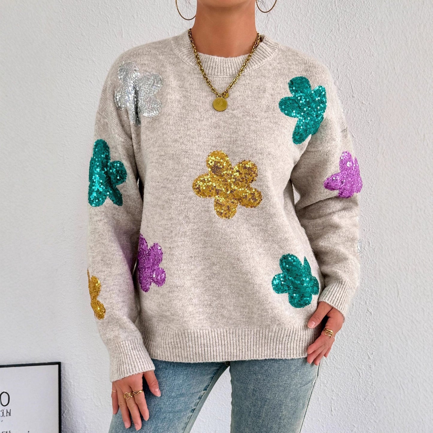 Damen Oversized Pullover Glitzer Floralmuster Norvielle