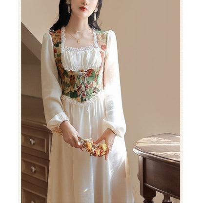 Damen Festkleid Florales Oberteil Länge Lang Ärmel