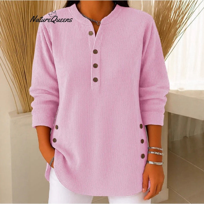 Damen Langarmshirt Knopfleiste Seitenknöpfe Modern Norvielle