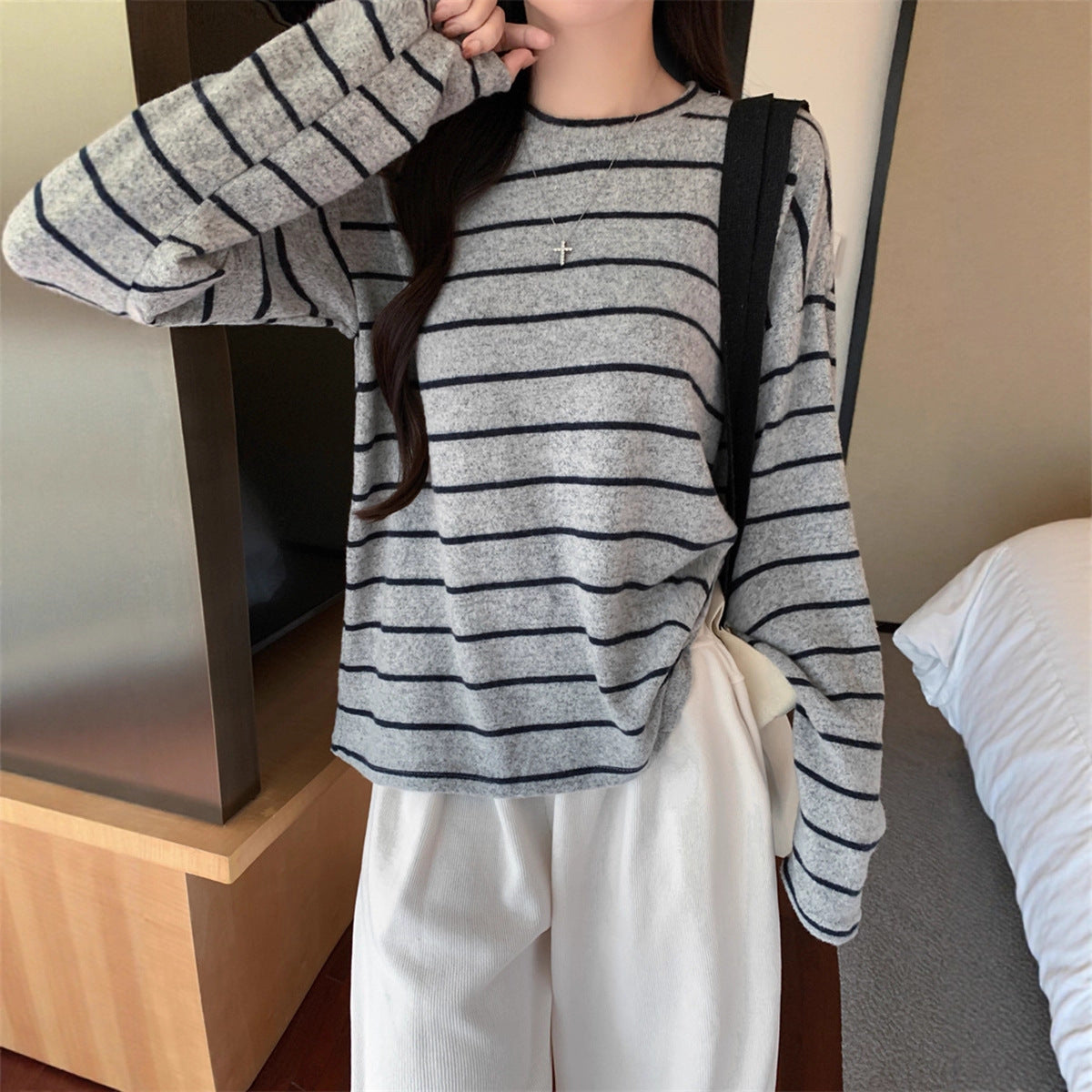 Damen Langarmshirt Streifenlook Baumwolle Weiß