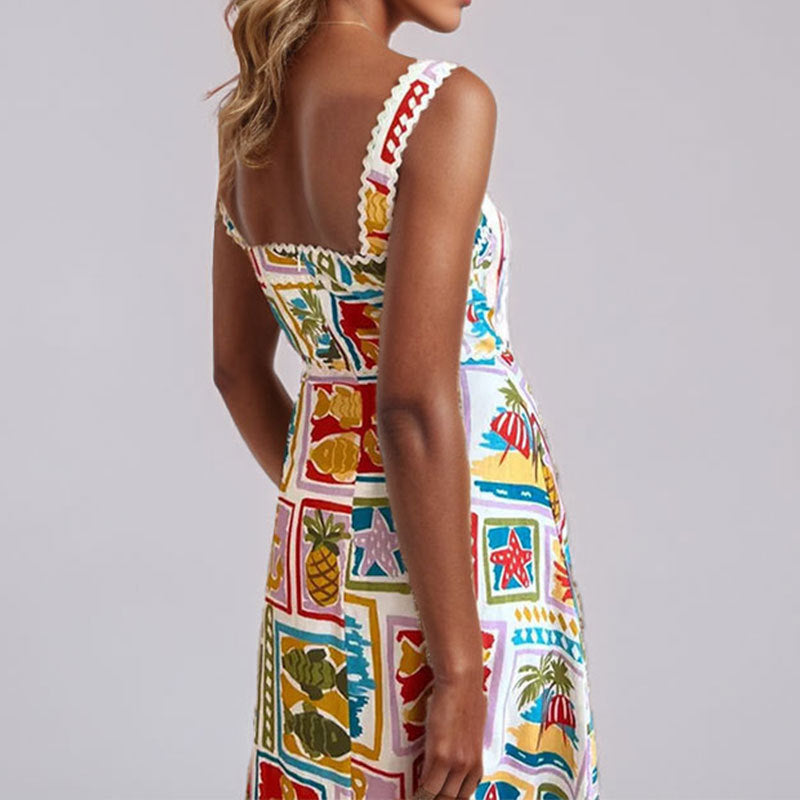Damen Maxikleid Bunt Print Schmale Träger