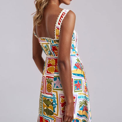 Damen Maxikleid Bunt Print Schmale Träger