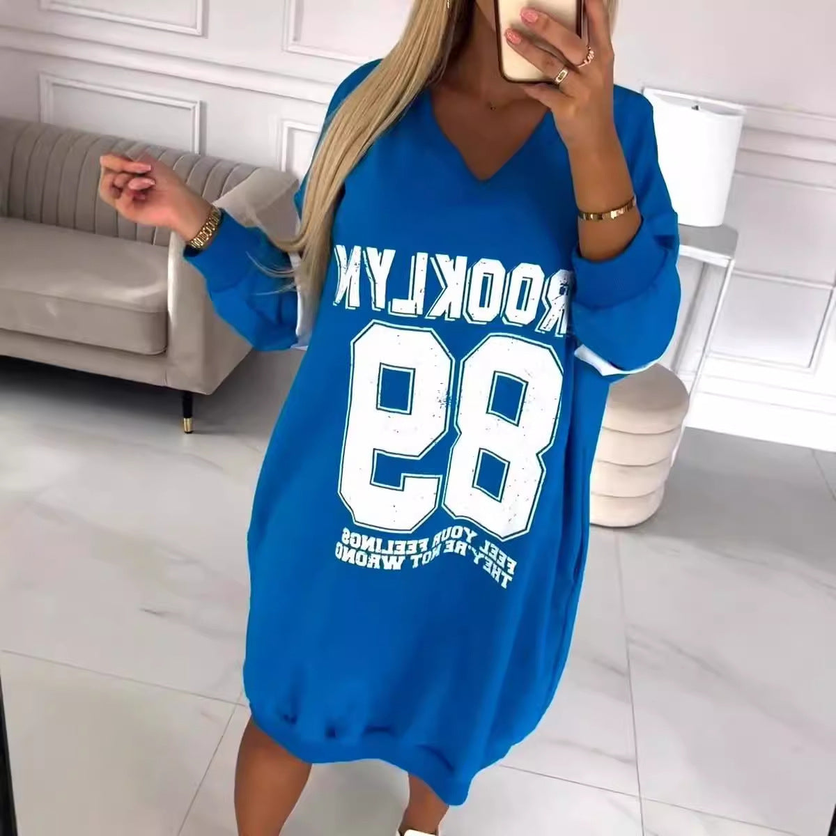 Damen Oversized Kleid Sportlich Grafikdruck V-Ausschnitt