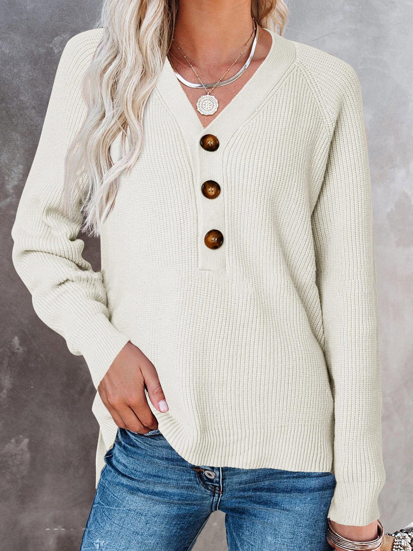 Damen Pullover V-Ausschnitt Holzknöpfe Norvielle
