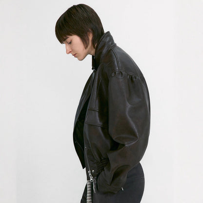 Damen Lederjacke Oversized Praktische Taschen Norvielle