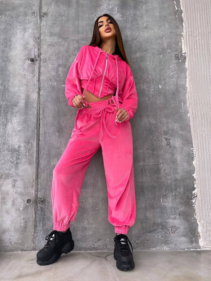 Damen Sportliches Velours-Cropped-Set mit Reißverschluss und