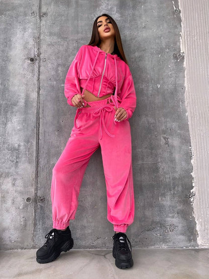 Damen Sportliches Velours-Cropped-Set mit Reißverschluss und