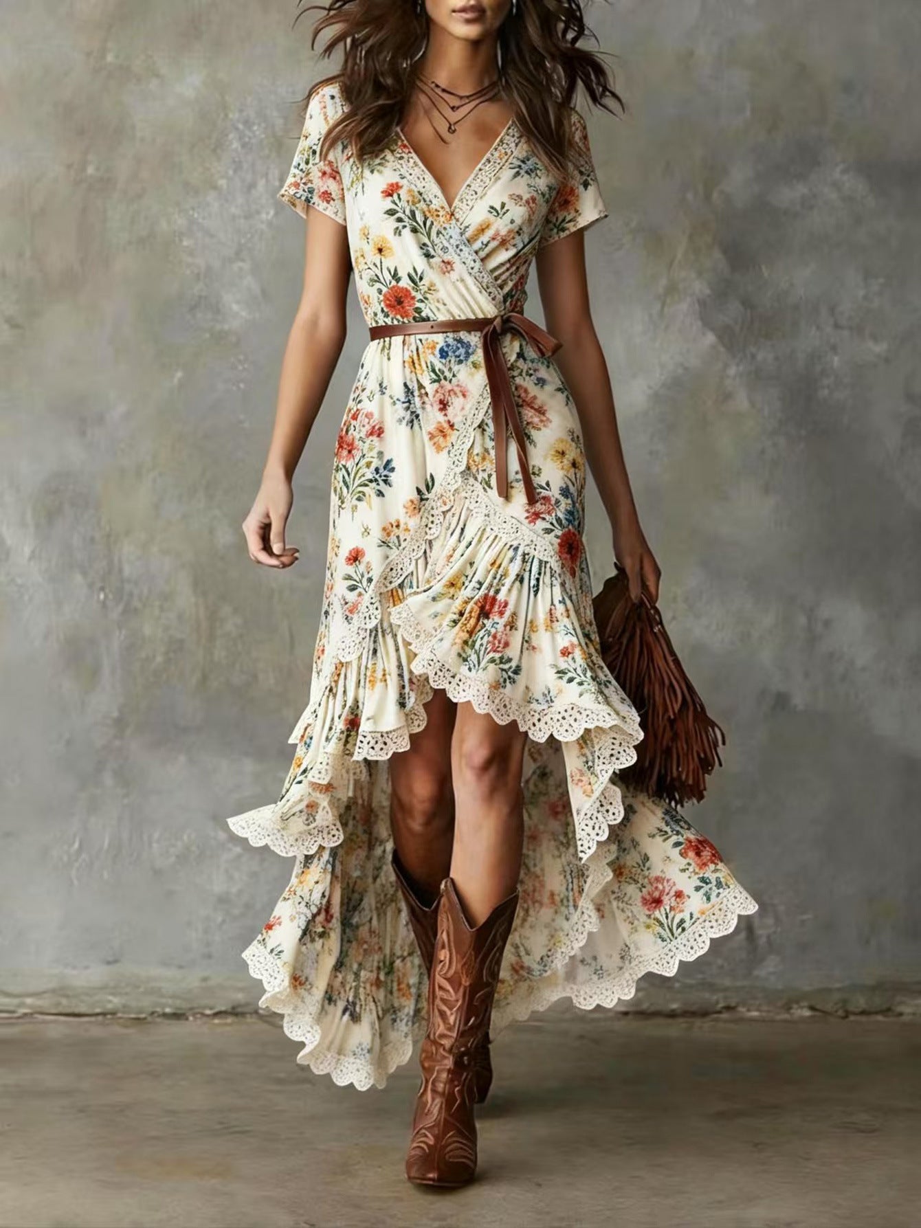 Damen Wickelkleid mit Spitzenakzenten und Blumenmuster
