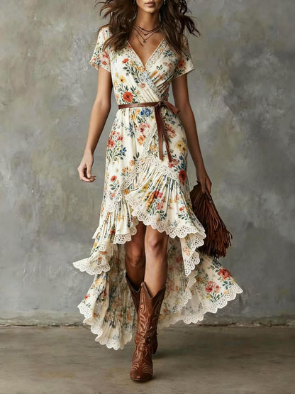 Damen Wickelkleid mit Spitzenakzenten und Blumenmuster