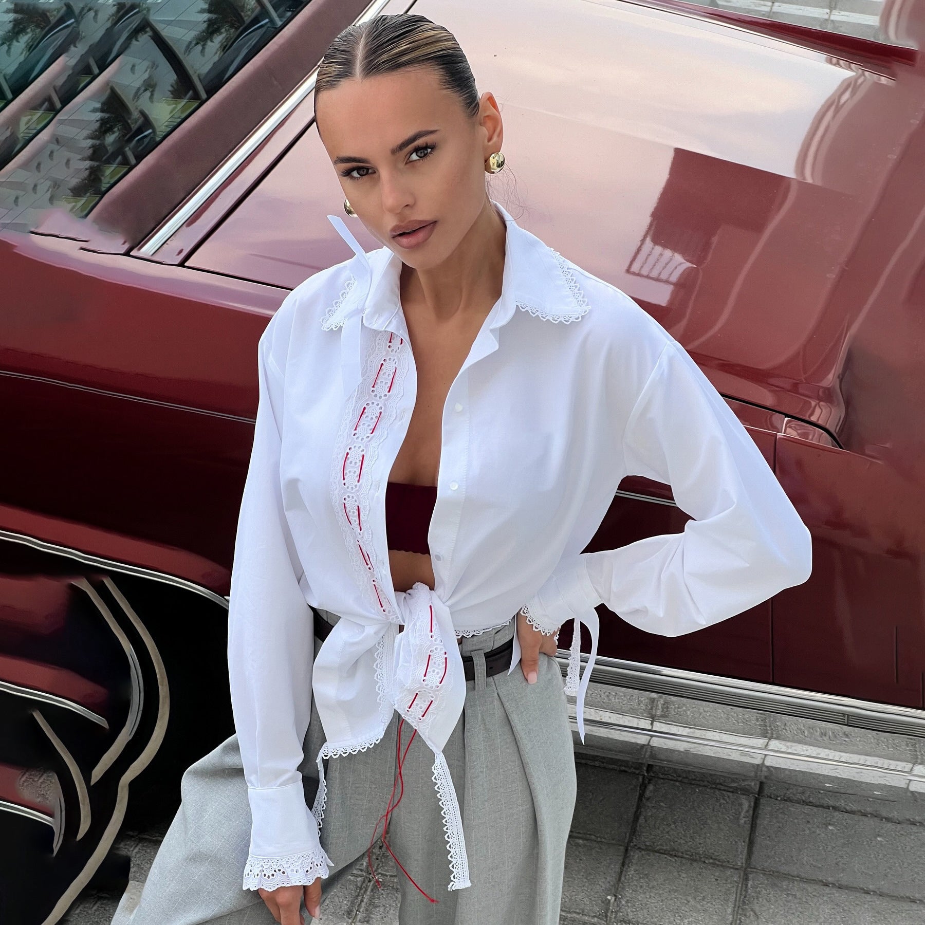 Damen Elegantes Hemd Spitzenakzente Schnürdetail Weiß - Norvielle