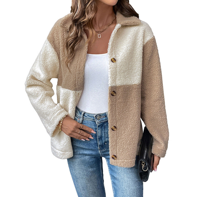 Damen Teddyjacke Nachhaltig Farbblockdetails Beige