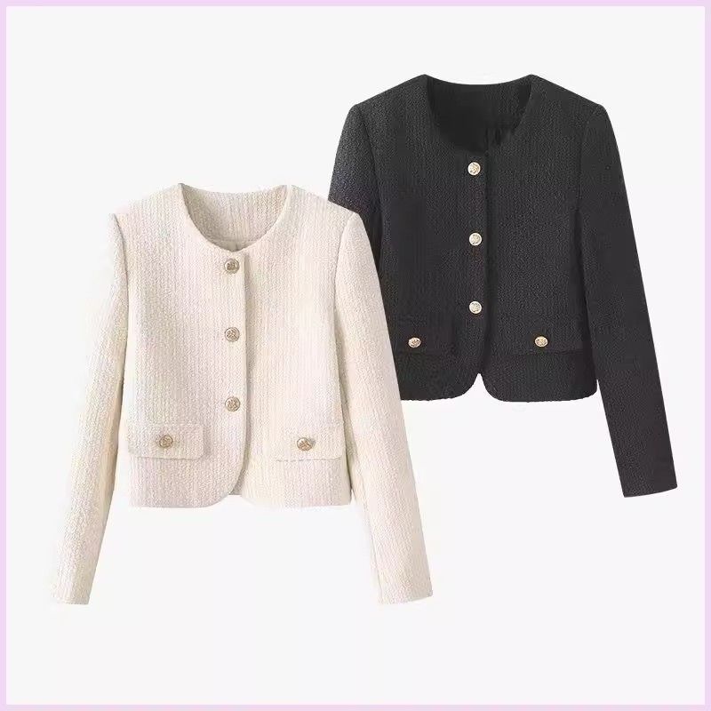 Damen Kurzjacke Tweed-Stil Goldknöpfe Beige
