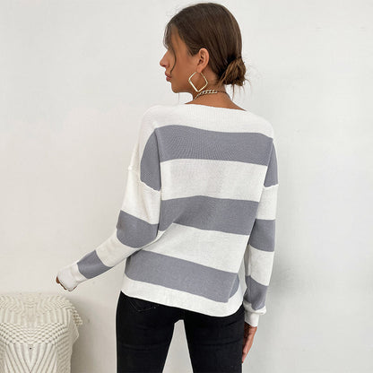 Damen Strickpullover V-Ausschnitt Blockstreifen Norvielle
