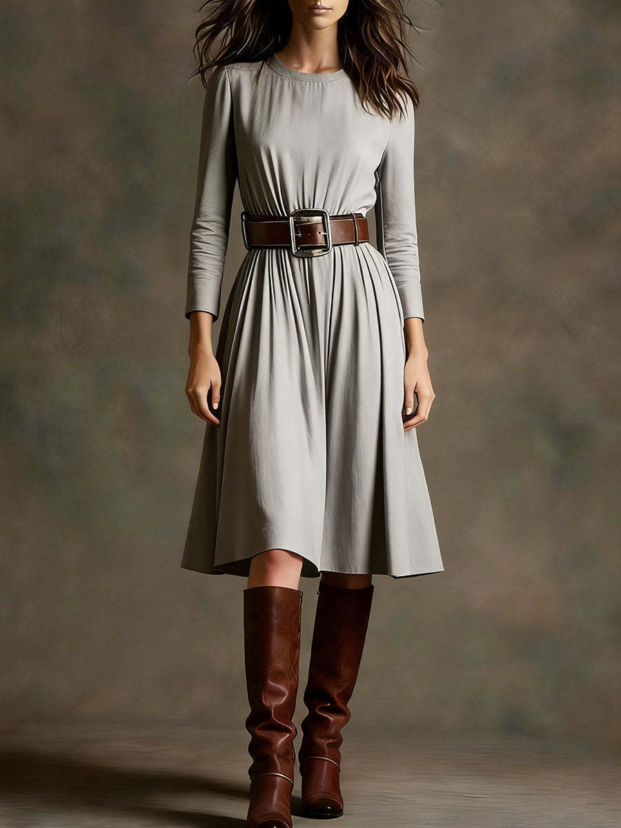 Damen Elegantes Kleid Langarm Taillengürtel Norvielle