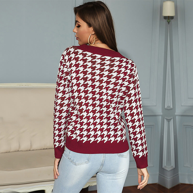 Damen Pullover V-Ausschnitt Hahnentrittmuster Norvielle