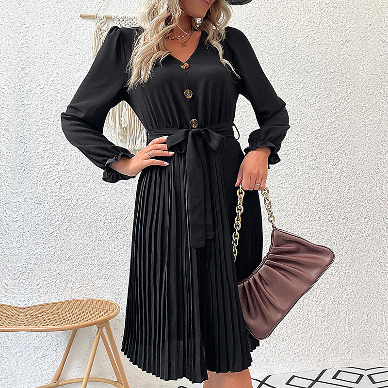 Damen Wickelkleid Plissee mit Knöpfen und Taillengürtel Norvielle