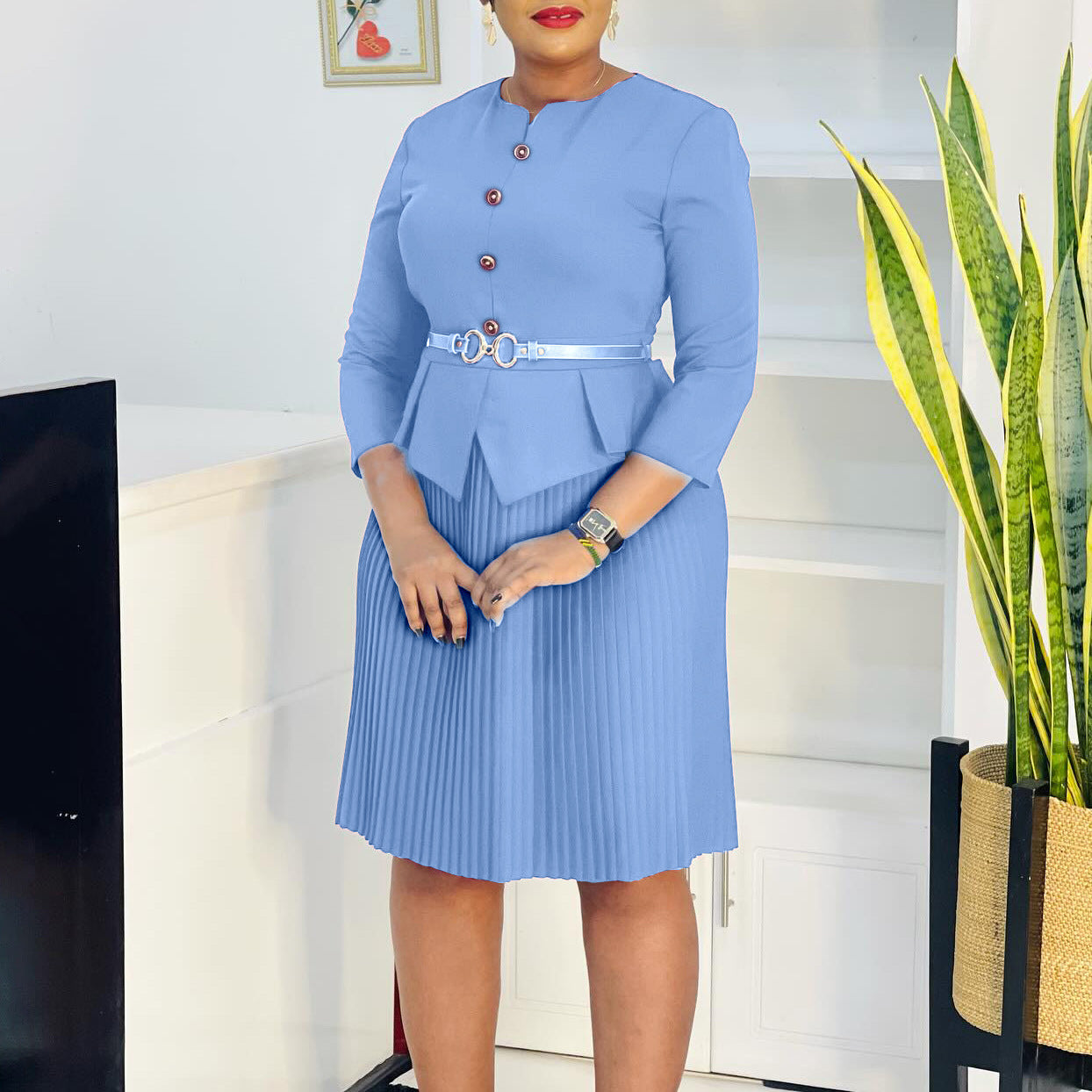 Damen Plissee-Kleid mit Taillenbluse und Gürtel - Norvielle