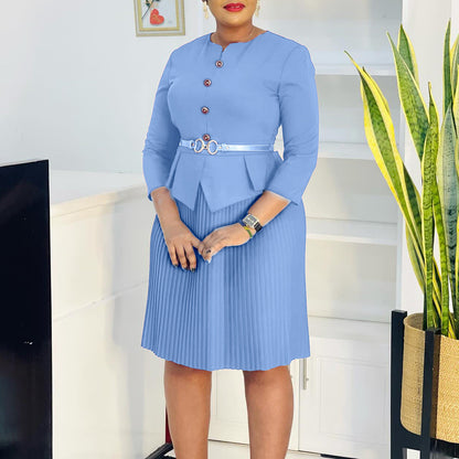 Damen Plissee-Kleid mit Taillenbluse und Gürtel - Norvielle