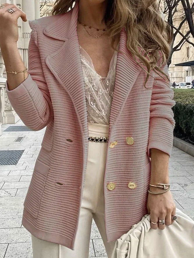 Damen Strickblazer Doppelknopfleiste Strukturiert Anthrazit