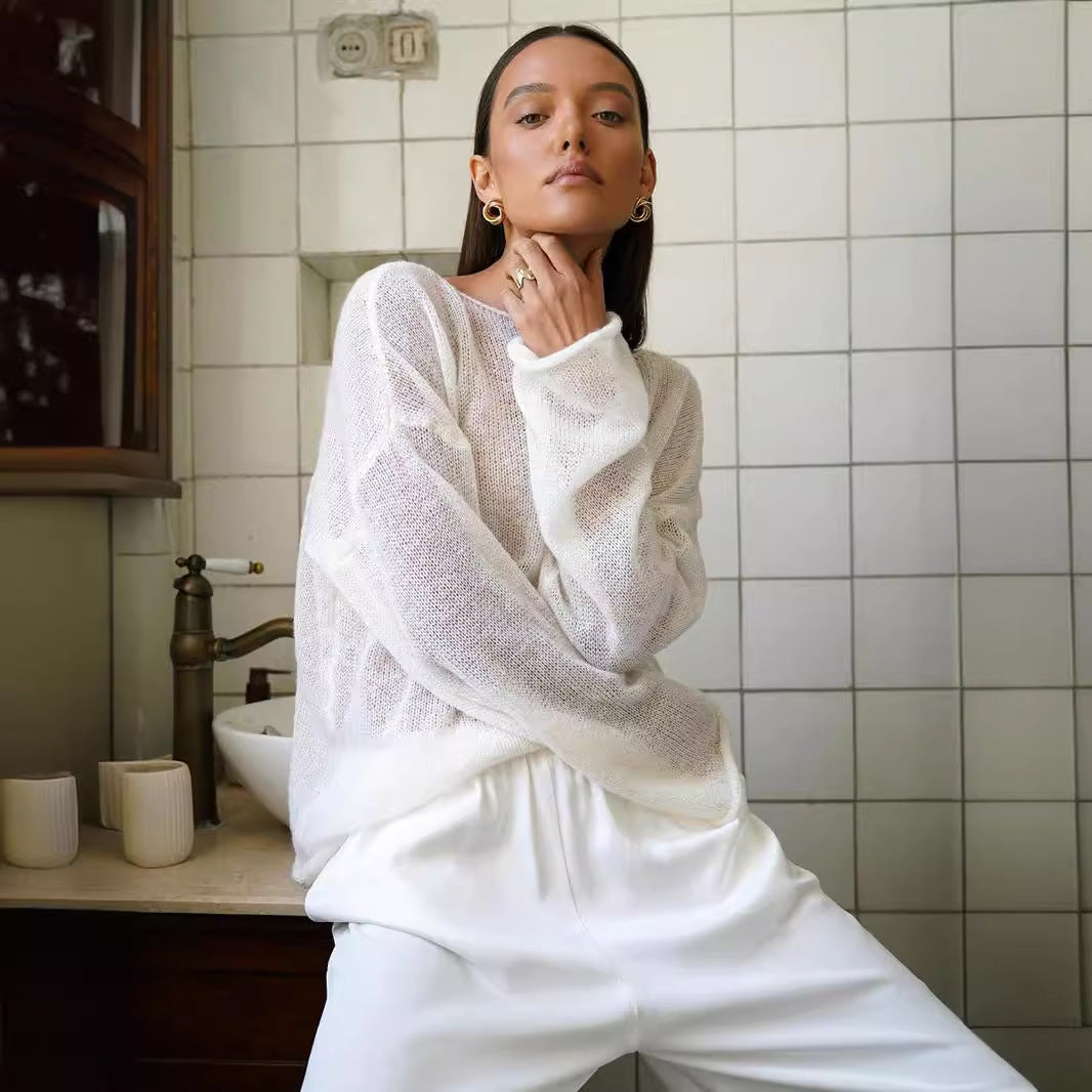Damen Pullover Lässig Weite Ärmel Feines Lochstrick Beige
