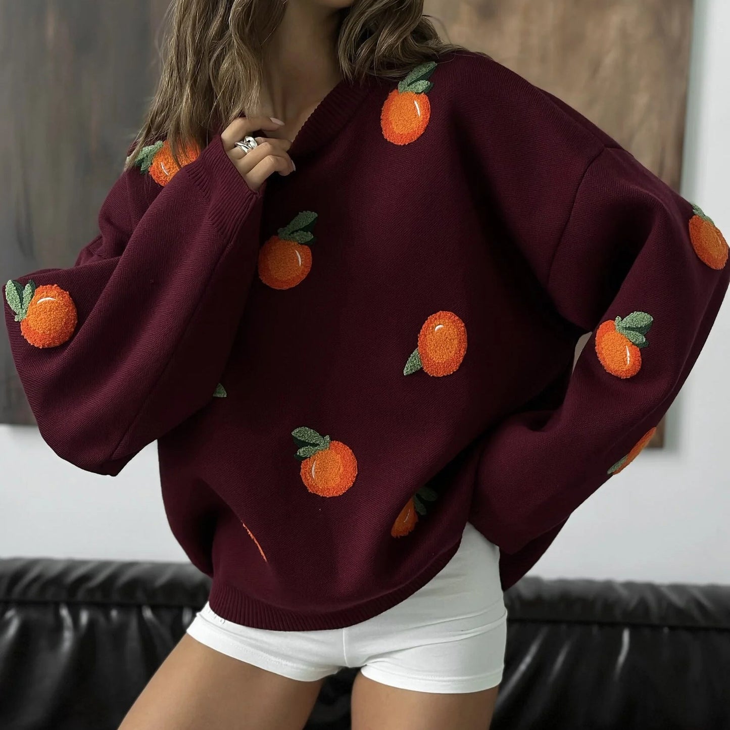 Damen Oversized Pullover Bunt Stickdetails