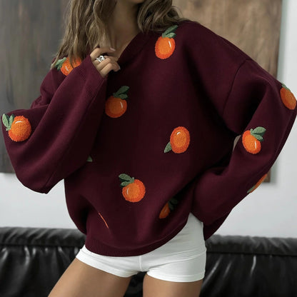 Damen Oversized Pullover Bunt Stickdetails