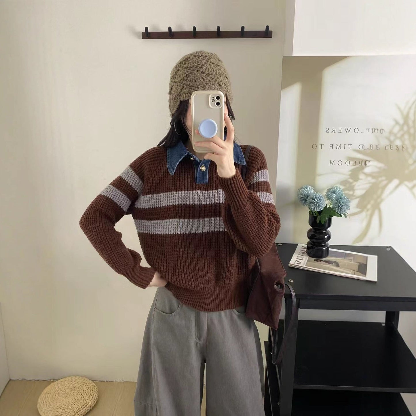 Damen Strickpullover Kragen Gestreift Norvielle