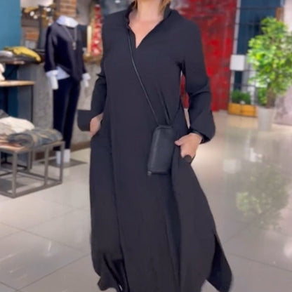Damen Maxikleid Eleganter Kragen Praktische Taschen Norvielle - Norvielle