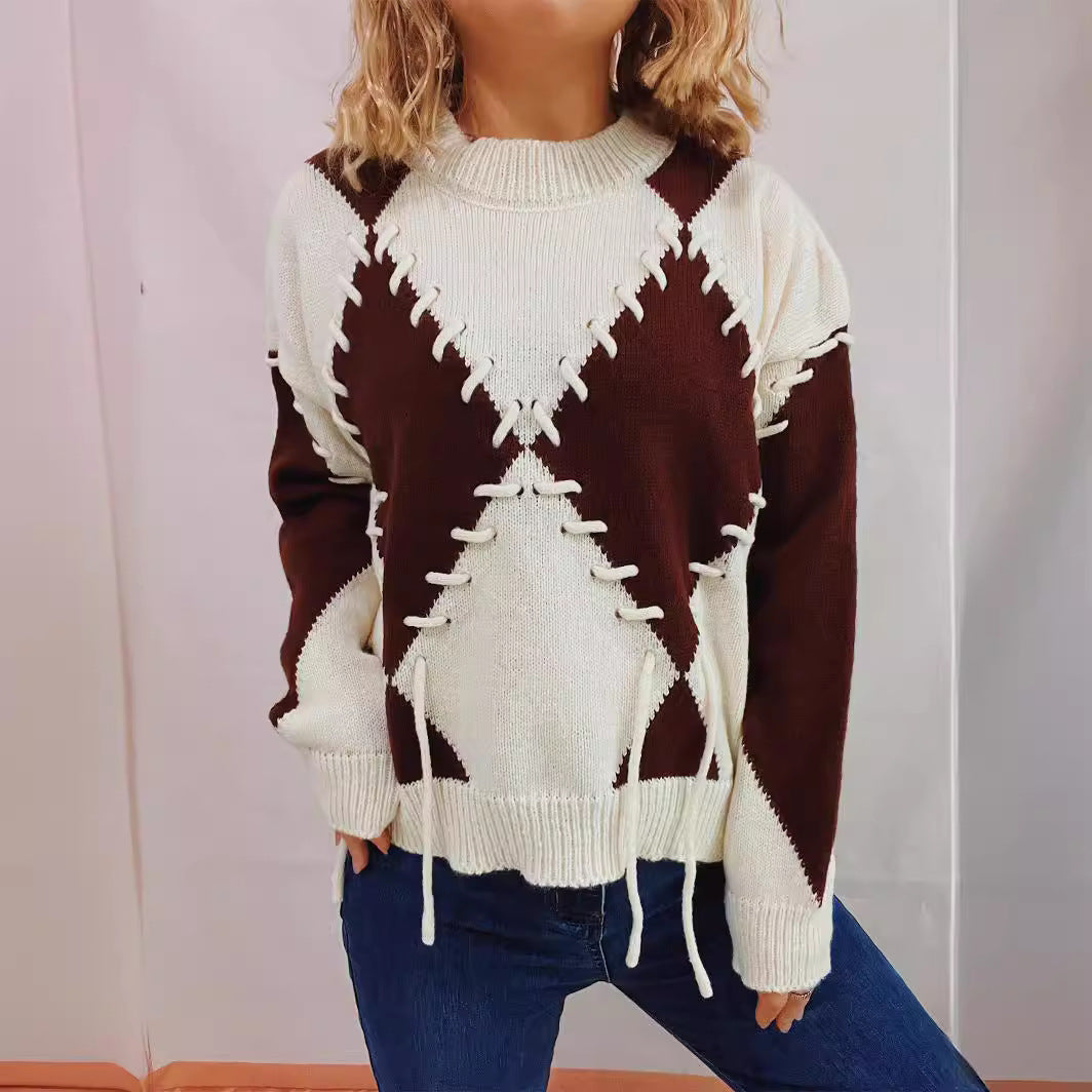 Damen Oversized Pullover Gekreuzte Nähte Beige - Norvielle